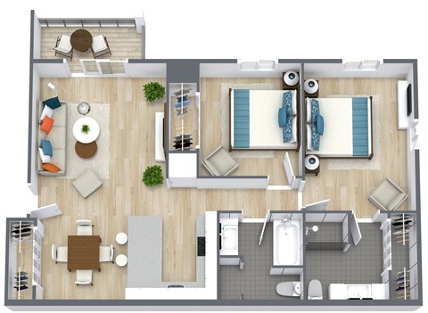 A top-down view of a house layout with a living room, kitchen, dining area, and bathrooms.